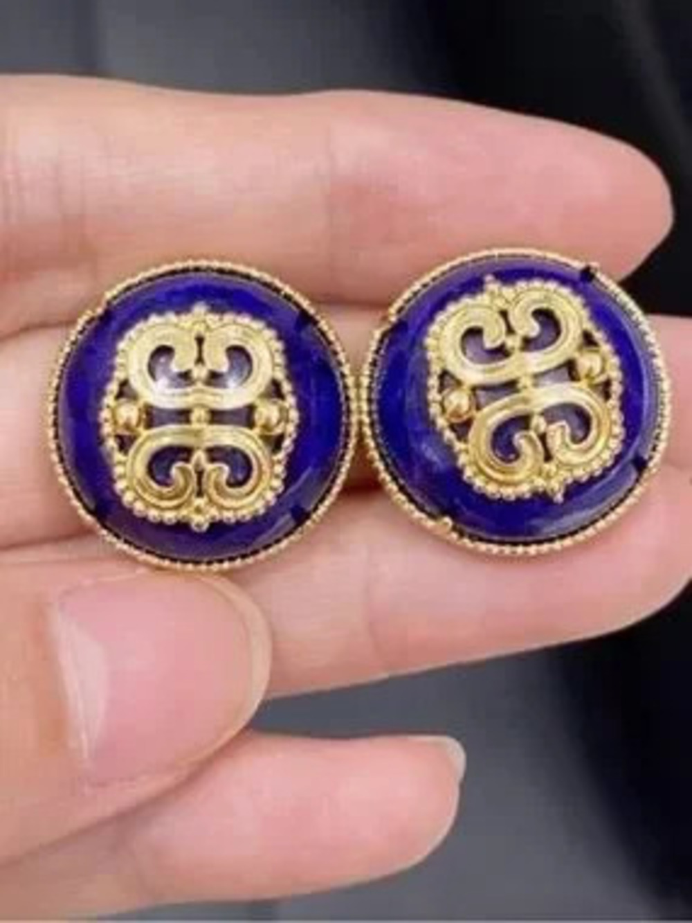 Gold Emblem Round Earrings with Royal Blue Enamel